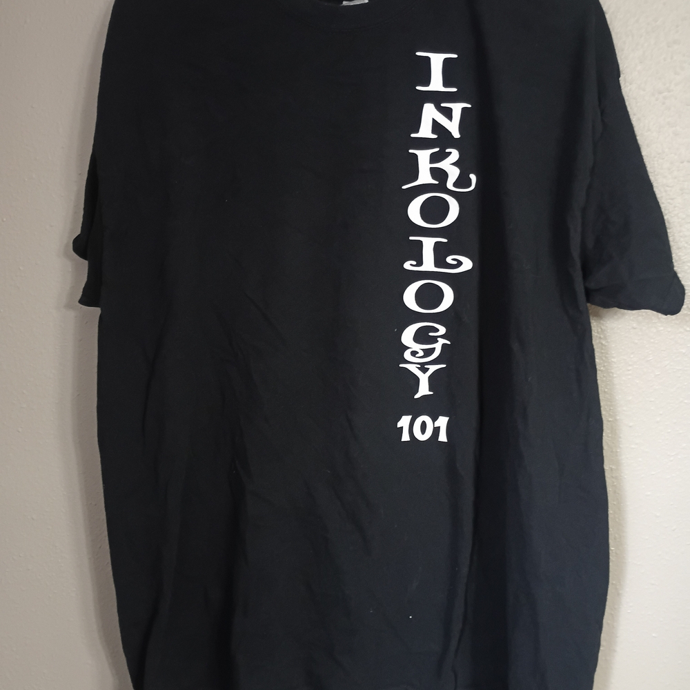 Inkology 101 Black Tee with Vertical White Text Size XL